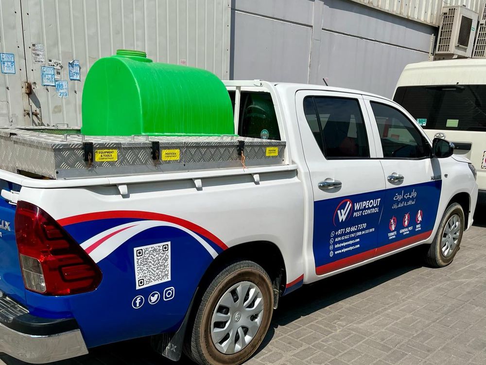 Wipeout Pest Control branded service vehicle in Abu Dhabi, UAE